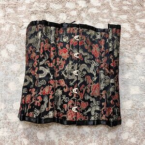 Black Brocade Dragon Print Corset-Style Skirt with Red and Gold Accents